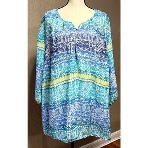 Catherines Women's Santa Fe Peasant Top Tile Blue Semi-Sheer Plus Size 3X /26-28